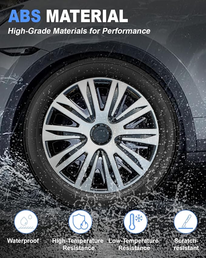 Hubcaps,15 inch hubcaps Set of 4, Wheel Rim Cover ABS Material, Snap On Car Truck SUV Replacement, for Toyota Camry Nissan Mazda etc, Black&Silver