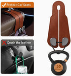CoBak Purse Hook for Car - Universal Premium Stitched Leather and Aluminum-Magnesium Alloy Double Car Seat Back Storage Hook for Purses, Handbags, Bags (2 Pack),Russet Brown