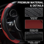 Car Steering Wheel Cover, 15 inch Carbon Fiber Microfiber Anti-Slip Breathable PU Leather Elastic Steering Wheel Protector, Car Interior Accessories for Most Cars (Wine Red)