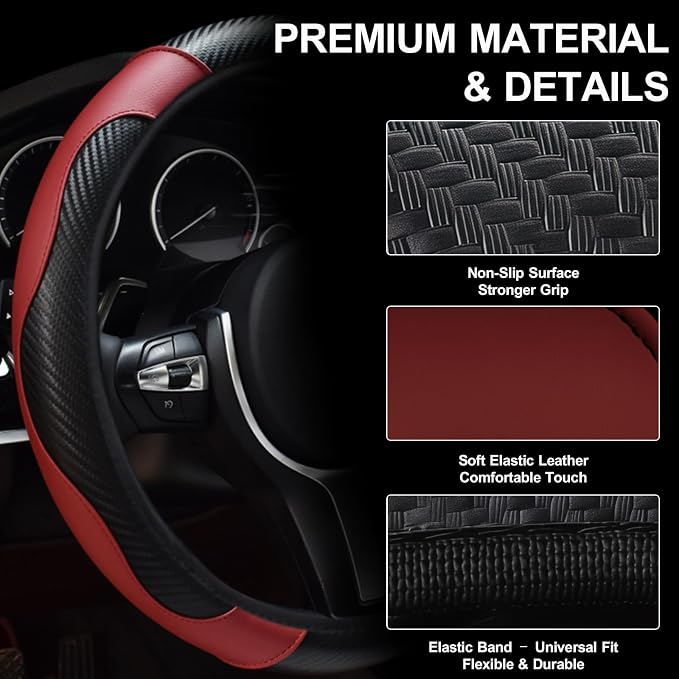 Car Steering Wheel Cover, 15 inch Carbon Fiber Microfiber Anti-Slip Breathable PU Leather Elastic Steering Wheel Protector, Car Interior Accessories for Most Cars (Wine Red)