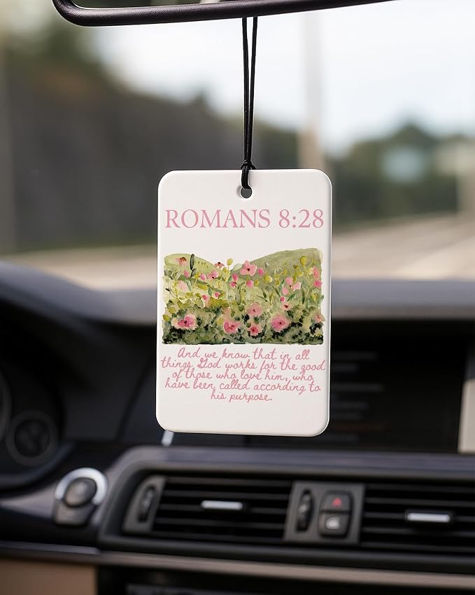 Pink Christian Car Air Freshener 4 Pcs Coconut Scented, Faith Based Girly Car Accessories Mirror Decor for Women, Religious Floral Hanging Air Freshener for Cars Closet Drawer Books