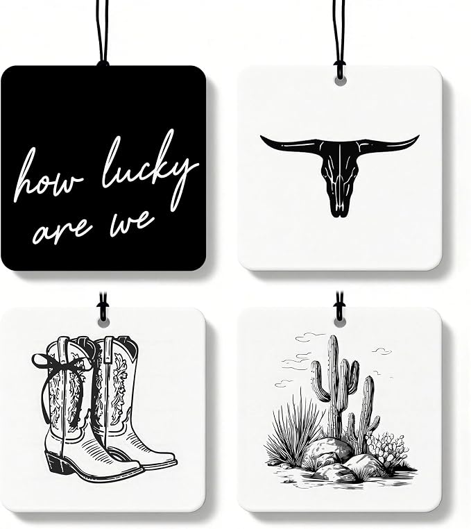 Black and White Western Orange Car Air Freshener 4 Pcs, Boho Cow Skull Cactus Cowgirl Boots Square Hanging Air Freshener for Closet Drawer Books, Western Car Accessories Mirror Decor for Women