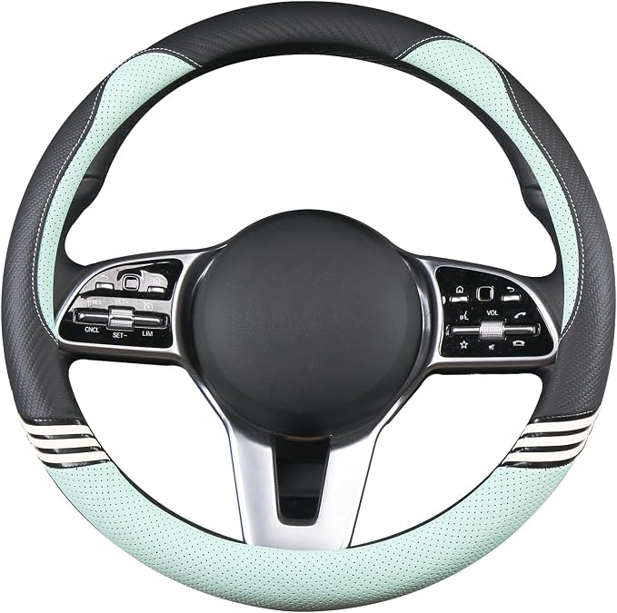 Cute Steering Wheel Cover for Women Men Leather Universal 15 inch,Black and Green