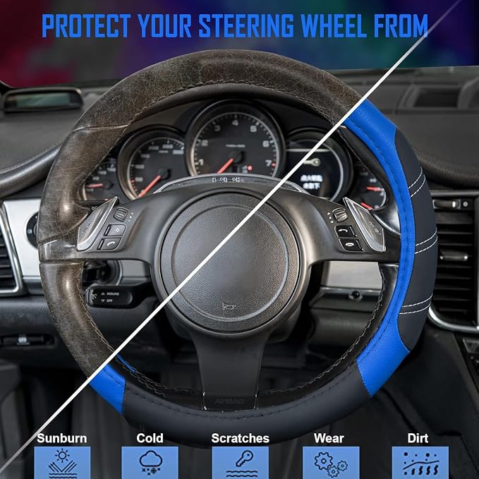 Line Rider Microfiber Leather Sporty Steering Wheel Cover Universal Fits for 95% Truck,SUV,Cars,14.5-15inch Anti-Slip Safety Comfortable Desgin (Black-Blue)