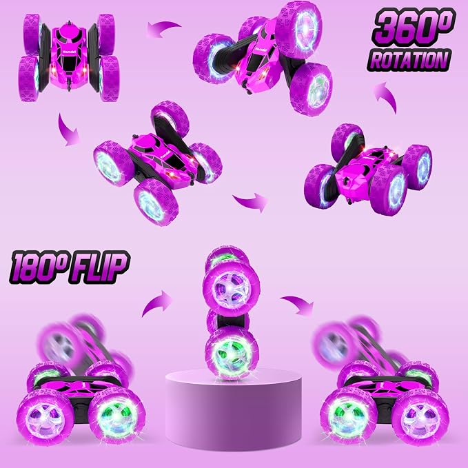Remote Control Car for Kids, Stunt RC Cars with Cool Wheel Lights, Double-Sided Driving, 360-degree Rotation Boys & Girls Toys for Ages 6 7 8 9 10-12 Kids, Valentines, Birthday Idea