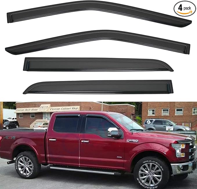 4pcs Front+Rear Smoke Tint Sun/Rain Guard Outside Mount Tape-On Vent Window Visors Compatible with 15-24 F150 17-24 F250/F350/F450/F550 Super Duty Crew (Supercrew) Cab with 4 Full Size Doors