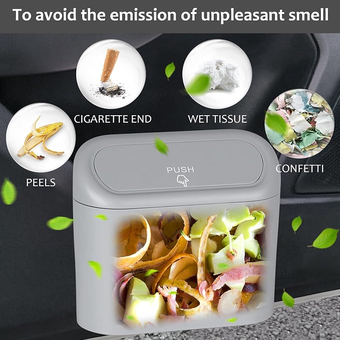 Car Trash Can, Portable Vehicle Trash Bin with Lid, Mini Car Dustbin Garbage Organizer Holder with One Roll Trash Bag, Leakproof Hanging Cars Storage Bag Container for Auto, SUV, Office (Grey)
