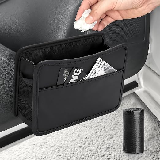 Collapsible Car Trash Can, Leather Vehicle Garbage Organizer Bin Holder with One Roll Trash Bag, Foldable Hanging Mini Cars Storage Bag Container for Auto, SUV (Black)