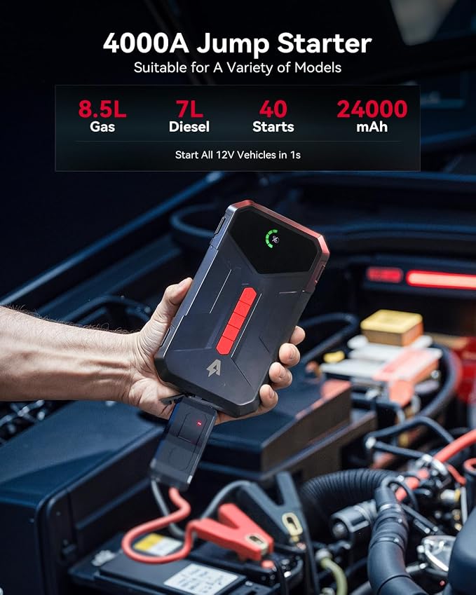Andeman 4000A Jump Starter with 150PSI Air Compressor, Car Jump Box with Type-C Quick Charge, All in One 12V Lithium Battery Car Jumper for 8.5L Gas/7L Diesel Engine, Ep-177