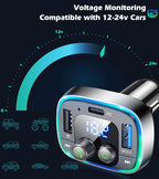 FM Transmitter for Car Bluetooth Adapter 5.4,48W PD+QC Fast Charging,Hands-Free Calling,Streams Spotify/Navigation/Music via Car Radio,Wireless Upgrade Non-Bluetooth Cars,USB-C,USB/TF,12V/24V