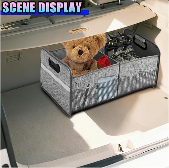 Car Trunk Organizer, Waterproof Large Capacity 600D Oxford Fabric Auto Trunk Storage Container with Pockets, Multi-Compartment Vehicle Storage Box Accessories for Car SUV Truck (Gray)