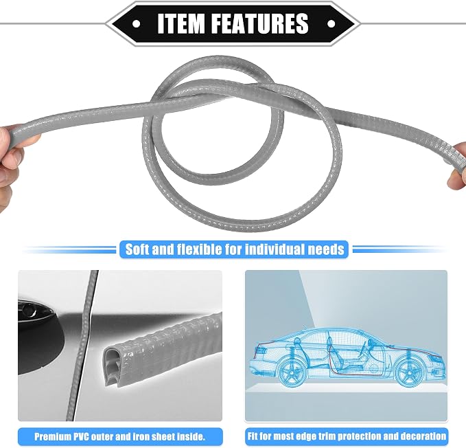 Car Door Edge Guard, 16.4ft U Shape Rubber Edge Trim Seal Strip Protector Universal for Car Truck ATV Boat Multifunctional No Glue PVC Iron Gray