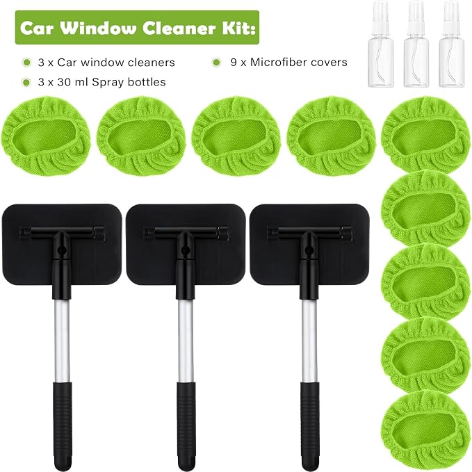 3 Set Windshield Cleaner Tool Inside Car Window Cleaner Tool with 3 Extendable Handle 9 Reusable Microfiber Pads and 3 Spray Bottles for Auto Home Interior Exterior Glass Cleaning(Green)