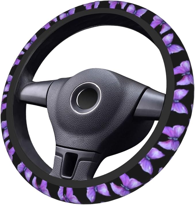 Butterfly Purple Steering Wheel Cover +2Pc Car Coasters Universal 15In | Beauty Butterfly Breathable Anti-Slip Car Suitable for Men Women