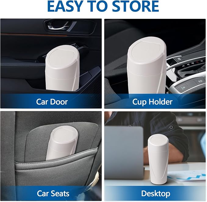 Mini Car Trash Can with Lid, Portable Garbage Can for Car, Leakproof Cup Holder Automotive Garbage Bin with 2 Rolls of Trash Bags, Small Trash Storage Can for Car Home Office(White)