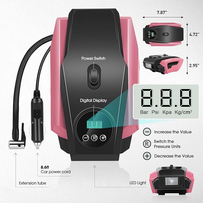 Tire Inflator Portable Air Compressor, 12V DC Air Pump for Car Tires, Bike, Motorcycle, Ball, Electric Bike Tire Pump with Pressure Gauge, LED Light, Auto Shut Off, Pink, TOOLS-00679-PK