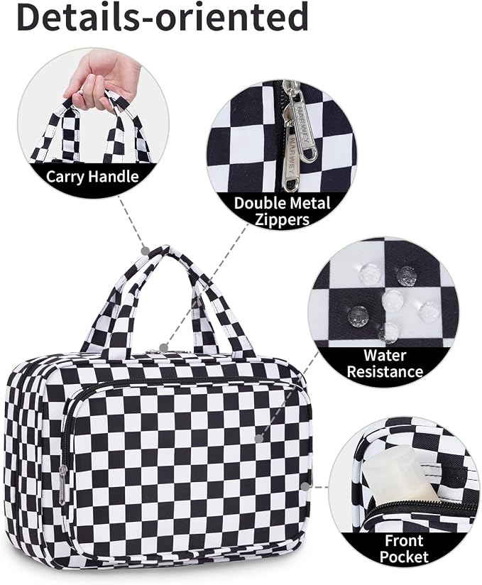 Hanging Toiletry Bag for Women Travel Makeup Bag Organizer Toiletries Bag for Travel Size Essentials Accessories Cosmetics (Black Checkerboard (Medium))