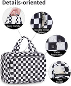 Travel Toiletry Bag for Women Large Hanging Makeup Bag Organizer Toiletries Bag for Full Size Essentials Accessories Cosmetics (Black Checkerboard (Large))