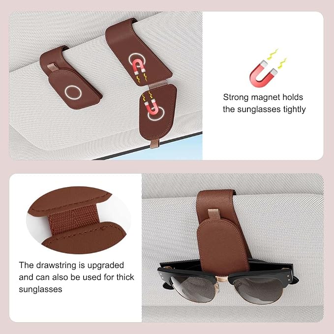 Sunglass Holder for Car Visor, Brown, 2 Packs | Suede Cloth, Magnetic, Organizer for Car Accessories
