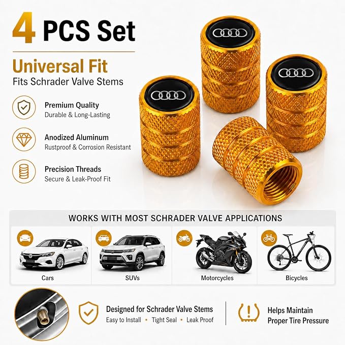 Car Tire Valve Stem Caps for Automobiles,Dust Caps Compatible with Audi A1 A3 RS3 A4 A5 A6 A7 RS7 A8 Q3 Q5 Q7 R8 S Series Car Tires，Alloy Leak-Proof Valve Cover