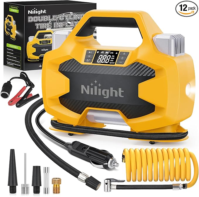 Portable DC 12V Heavy Duty Tire Inflator Dual Cylinders and Dual Motors Tire Pump 150PSI Air Pumps Auto Shutoff with Screen and LED Light Air Compressor for Pickup Truck ORVs SUVs Cars