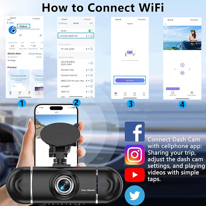 4 Channel Dash Cam Front and Rear Left Right, 360° View 1080P Car Dash Camera, Super Night Vision, G-Sensor,170° Wide Angle, Loop Recording, 24H Parking Monitor, WiFi & APP Control, 64GB SD Card