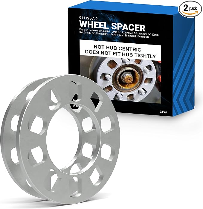 2 Pcs Die Cast Wheel Spacer 8mm 5/16" Thick Fits Bolt Patterns 5x4.25 5x110 5x112mm 5x4.5 5x115 5x120mm 5x4.75 5x5 5x135mm Fits 5 Lug Pass Cars Light Trucks - Not Hub Centric