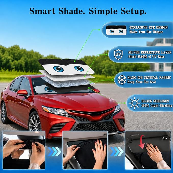 Car Windshield Sun Shade, Universal Fit Midsized Sedan SUV, Classic Black | 63 x 31.5" Windshield Cover, Foldable Front Window Sunshade, UV Heat Protection, Cute Eyes Series