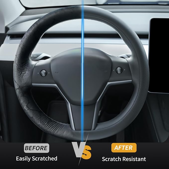 Nappa Leather Steering Wheel Cover Compatible with Tesla Model 3/Y 2016-2025 2026 Juniper/Highland, Non-Slip Breathable Model 3/Y Steering Wheel Protector, Black