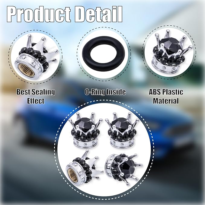 4PCS Crown Bling Tire Stem Valve Caps, Crystal Diamond Car Wheel Tire Valve Caps Universal Copper Core Stem Covers for Cars, SUV, Trucks, Bikes, Motorcycles, Bicycles (Silver & Black)