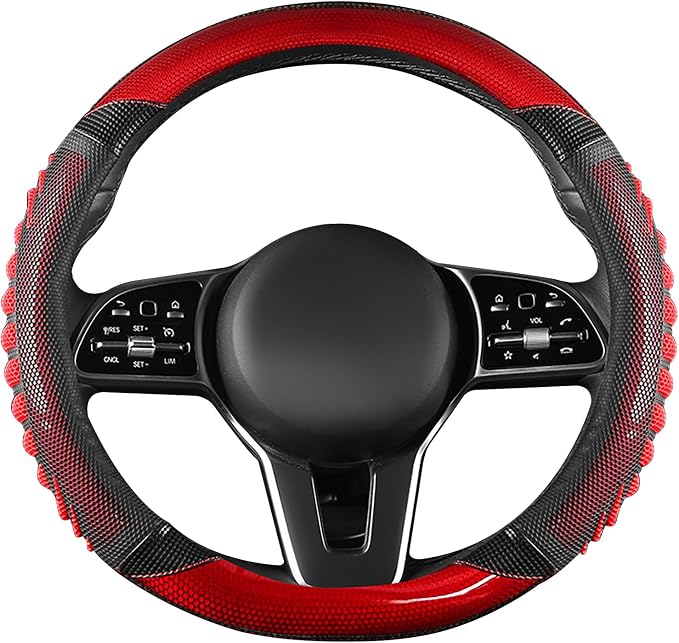 5D Honeycomb Black Red Car Steering Wheel Cover,14.5-15 Inch Universal Carbon Fibre Leather Covers Breathable Anti-Slip Odorless Steering Wheels Accessories for Men Women
