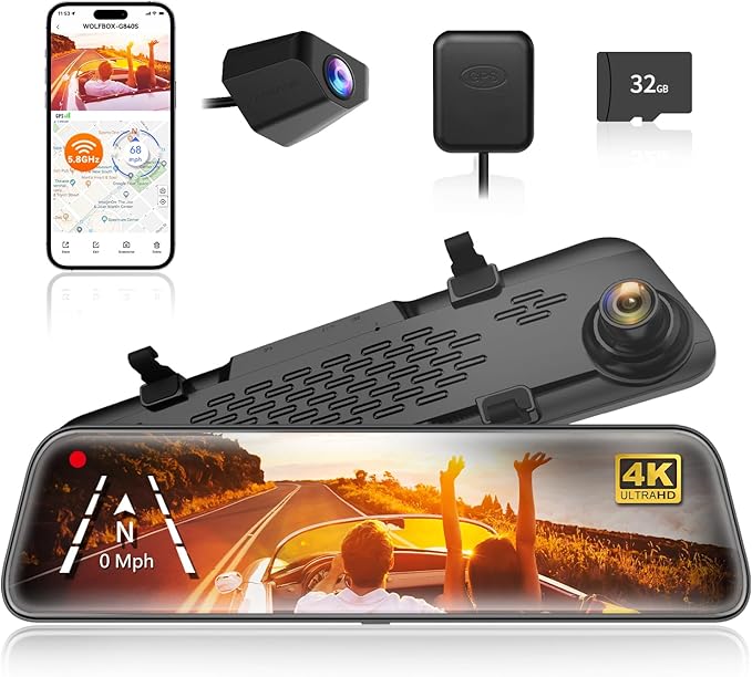 G840S 12" 4K Mirror Dash Cam Backup Camera, 5.8GHz WiFi Smart Rearview Mirror for Cars & Trucks, Front and Rear View Dual Cameras, Night Vision, Parking Assistance, Included 32GB Card & GPS
