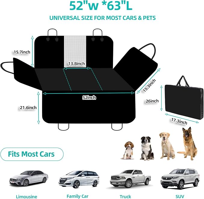Dog Truck Seat Cover for Back Seat, Hard Bottom Pet Hammock for Car, Bed Extender for 2-4 Large Dogs, Waterproof Seat Protector, Universal XL Size Fits for Crew Cab Truck, SUV, Black