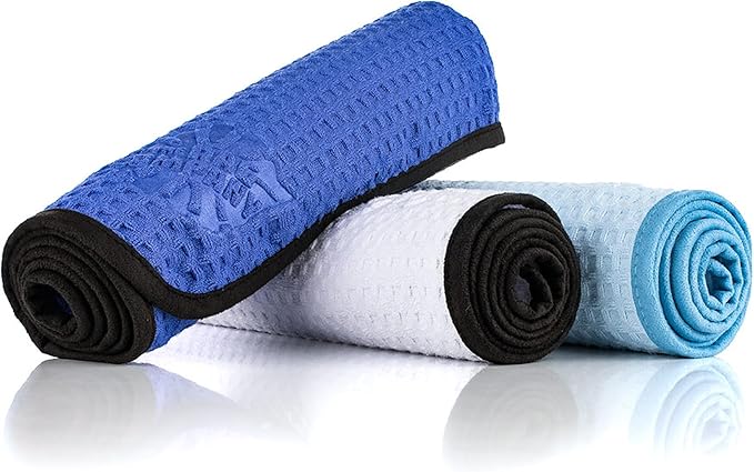 Dry Me A River, Professional Korean 70/30 Blend Microfiber Waffle-Weave Drying & Detailing Towels, Soft Suede Edges, 390 GSM, 16x24 Inches, Light Blue, 3-Pack