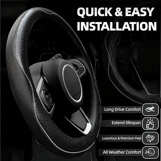 6 PCS Car Steering Wheel Cover Set, Microfiber Leather Steering Wheel Covers Universal 14.5-15 inch, Center Console Cover, Seat Belt Cushion, Cup Coaster, Car Accessories Set Black Grey