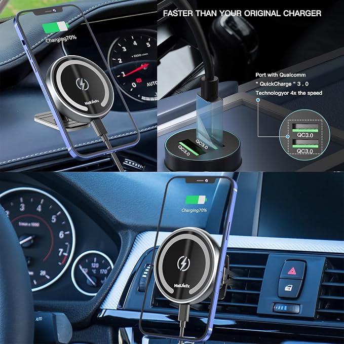 for Magsafe Car Mount Charger for Magnetic Wireless Charging for iPhone12/13/14/15/16Pro,Pro Max,Plus,Mini,Vent&Dashboard Strong Magnets Phone Holder with Fast 36W QC 3.0 Adapter(Dark Black)