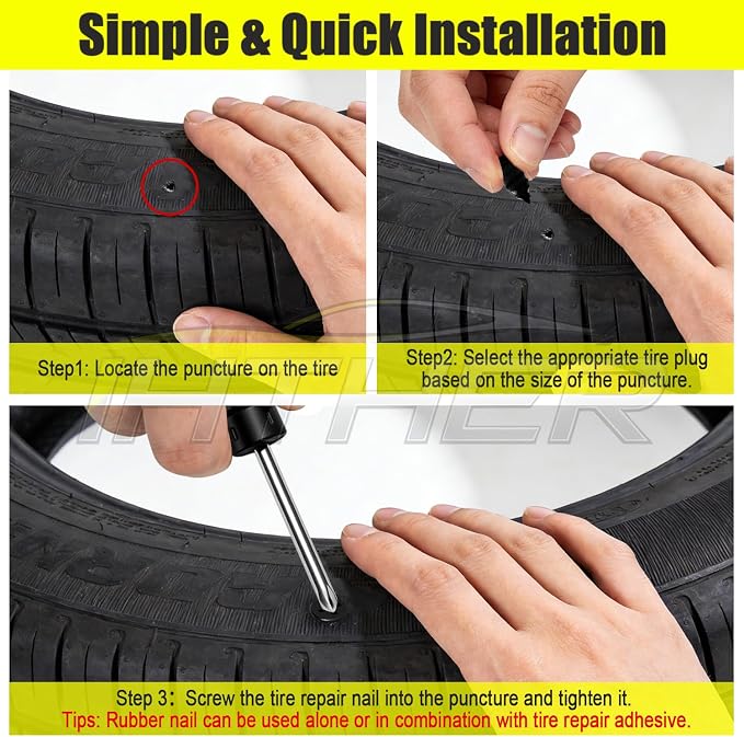 61 PCS Tire Plugs Screw Type, Reliable Screw in Tire Repair Plugs with a Screwdriver, Quick Tool Tire Plugs, Screw Tire Plug Kit, Tire patch kit for cars, motorcycles, trucks, tractors, and bicycles