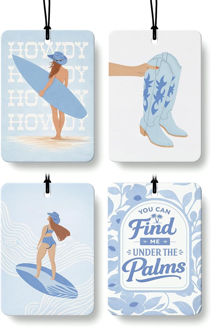 Blue Coastal Cowgirl Car Air Freshener 4 Pcs Coconut Scented, Summer Surfing Cowgirl Car Accessories Mirror Decor for Women, Girly Western Hanging Air Freshener for Cars Closet Drawer Books