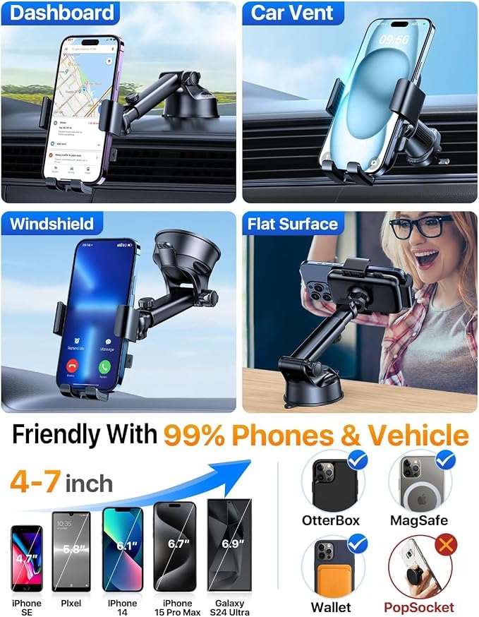 YRU Car Phone Holder Mount for Car, Dashboard Windshield Air Vent Phone Stand with Adjustable Cradle and Rotating Base, for iPhone 17 16 15 14 13 Pro Max, Samsung Galaxy