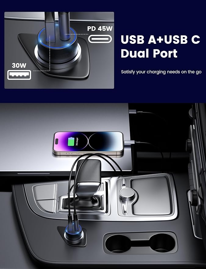 USB C Car Charger, 75W Mini Cigarette Lighter USB Charger | 45W PD&QC 3.0 USB C Fast Charge,Mini Cigarette Lighter Adapter for iPhone 17 16 15 14 Pro Max,Samsung S26 S25,Note,Pixel,iPad