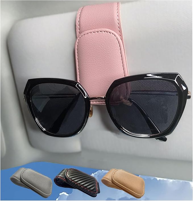 CHOSMOYI Magnetic Leather Sunglass Holder for Car, Sunglasses Clip for Car Visor, Auto Interior Accessories Universal for Different Size Eyeglasses(Pink)
