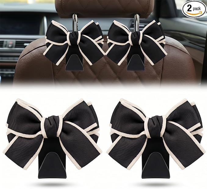 2 Pack Cute Bow Car Seat Headrest Hooks, Purse Hook for Car, Car Purse Hanger for Bags, Backseat Storage Organizer, Universal Vehicle Hooks for Women, Sedan SUV Truck, Black/White