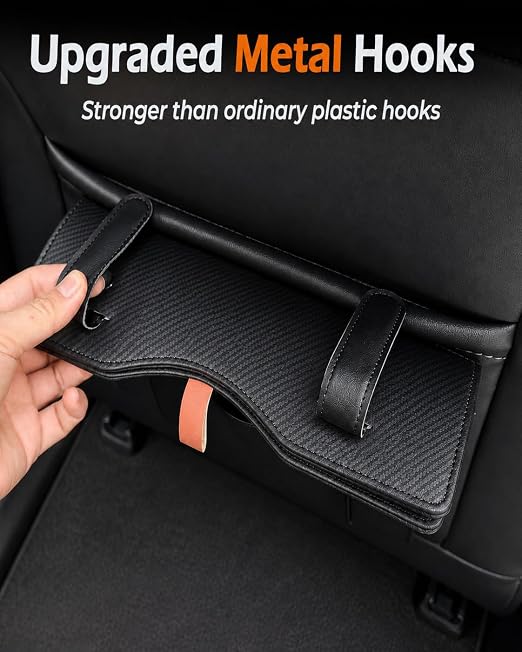 Leather Car Trash Can, Leak-Proof Odor-Lock Car Garbage Can with 60 Liners, Magnetic Closure & Liner-Hold, Storage Pocket, Metal Hooks, Hanging Car Trash Bin for SUV Sedan Truck, Carbon Fiber