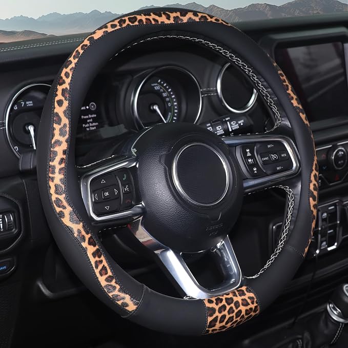 16 inch Steering Wheel Cover Cheetah Print, Breathable Microfiber Leather Compatible Large-Size for F150 F250 F350 Ram 4Runner Tacoma Tundra Range Rover Model Car Accessories for Women Men