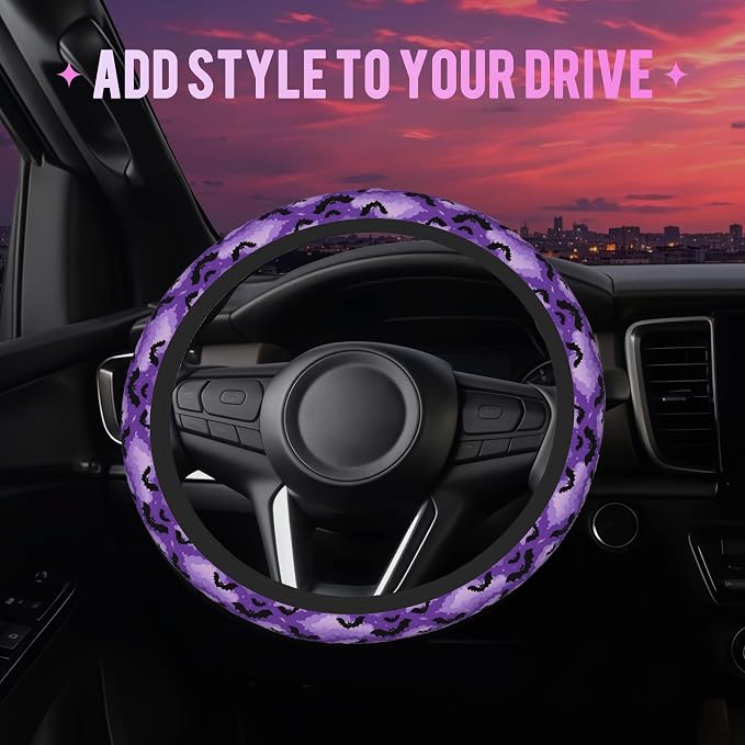 Gothic Purple Black Bats Steering Wheel Cover for Women Men Neoprene Breathable Wheel Cover Protector Anti-Slip Car Accessories Universal 15 Inch Fit for Cars Trucks Vehicles