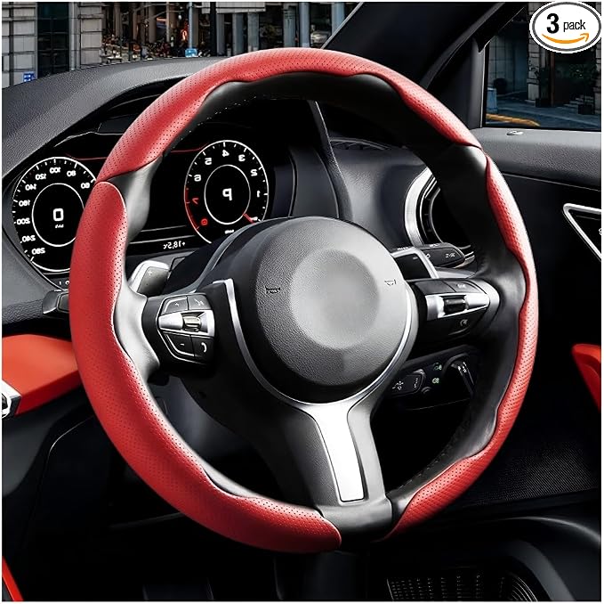 3PCS/Set Car Steering Wheel Cover, Leather Segmented Anti-Slip Automotive Wheel Protector, Soft Breathable Vehicle Steering Protection Covers, Universal Interior Accessories (Red)