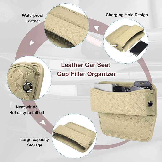 2pcs Car Seat Gap Filler Organizer 11.5 x 8 x 2.1 Inch Leather Universal Car Organizer Storage Box Between Seat and Console for Phone Sunglasses Keys, Beige