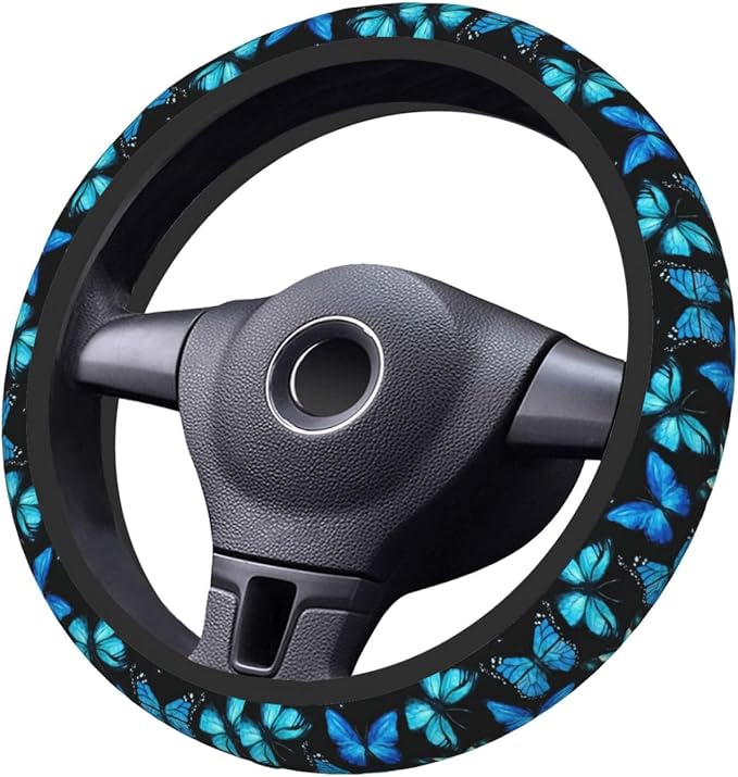 Blue Butterfly Steering Wheel Cover for Women, Universal Auto Steering Wheel 14-15 Inch Car Interior Accessories with 2PCS Car Coasters, Suitable for Men and Women