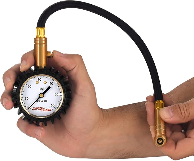 RH60XA Tire Pressure Gauge with Hose and Protective Rubber Guard, Angled Swivel Chuck, 60 PSI