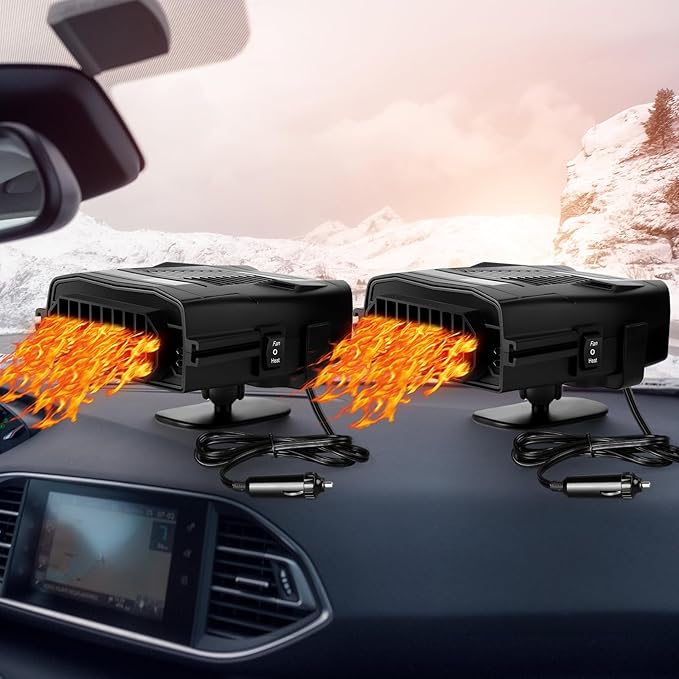 2 Pcs 12v 150w Car Heater for Vehicle Plugs into Cigarette Lighter with 360° Rotatable Base, 2 in 1 Portable Winter Windshield Defroster Electric Defogger Warmer for Car Suv Universal(Black)